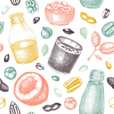 Vegetarian food pattern. Dairy products seamless endless background design. Repeating print with plant milk in glass, bottle, almond, pecan, coconut, pistachio. Nut milk vector sketches